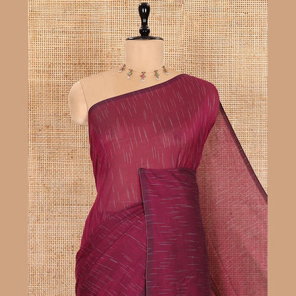 Pothys Borderless Purple Khadi Mul Cotton Saree Decked with Jharna-Style Waterdrop Motifs, Featuring a Gleaming Zari-Woven Pallu, Paired with a Matching Blouse Replicating the Body Motifs