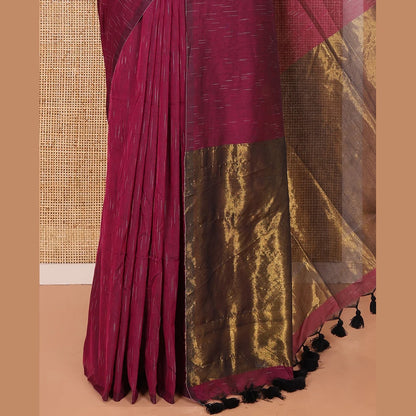 Pothys Borderless Purple Khadi Mul Cotton Saree Decked with Jharna-Style Waterdrop Motifs, Featuring a Gleaming Zari-Woven Pallu, Paired with a Matching Blouse Replicating the Body Motifs