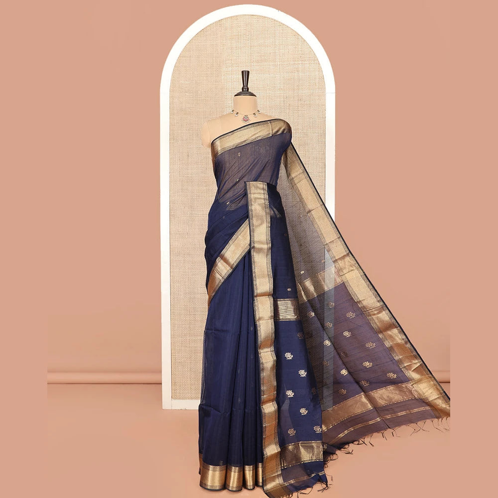 Pothys Navy Blue Blue Maheshwari Cotton Saree Prettified with Floral Buttas, Highlighted with a Traditional Zari Design Border, Pallu Adorned with Zari Stripes and Floral Buttas, and Paired with a Matching Blouse