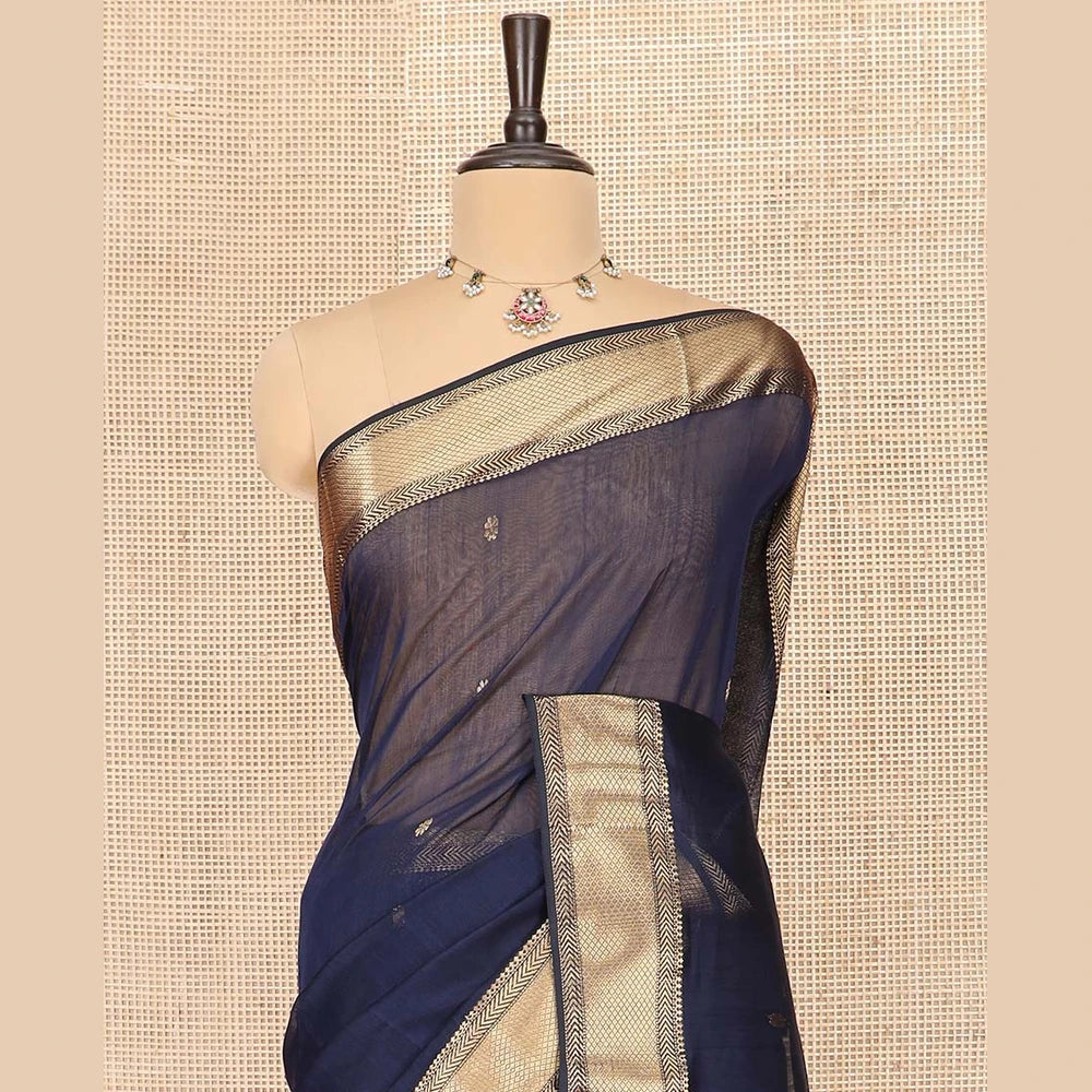 Pothys Navy Blue Maheshwari Cotton Saree with Floral Buttas