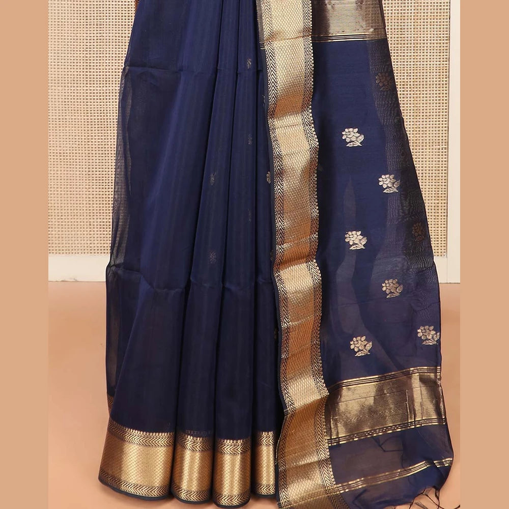 Pothys Navy Blue Maheshwari Cotton Saree with Floral Buttas