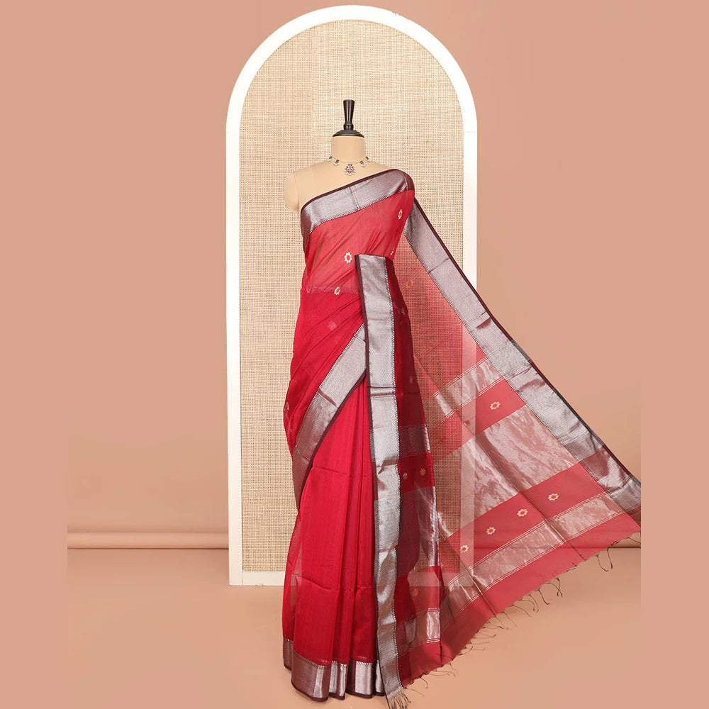 Pothys Red Maheshwari Cotton Saree Bedecked with Floral Zari Buttas, Graced with Contrast Chevron Striped Zari Border, Pallu Elevated with Zari Stripes, and Paired with a Matching Blouse