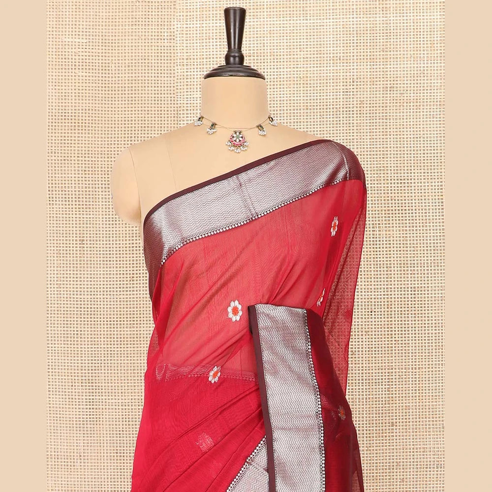 Pothys Red Maheshwari Cotton Saree Bedecked with Floral Zari Buttas, Graced with Contrast Chevron Striped Zari Border, Pallu Elevated with Zari Stripes, and Paired with a Matching Blouse
