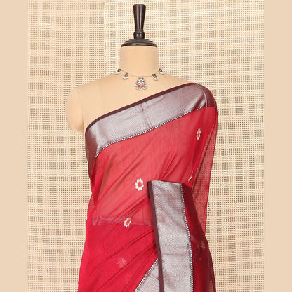 Pothys Red Maheshwari Cotton Saree Bedecked with Floral Zari Buttas, Graced with Contrast Chevron Striped Zari Border, Pallu Elevated with Zari Stripes, and Paired with a Matching Blouse