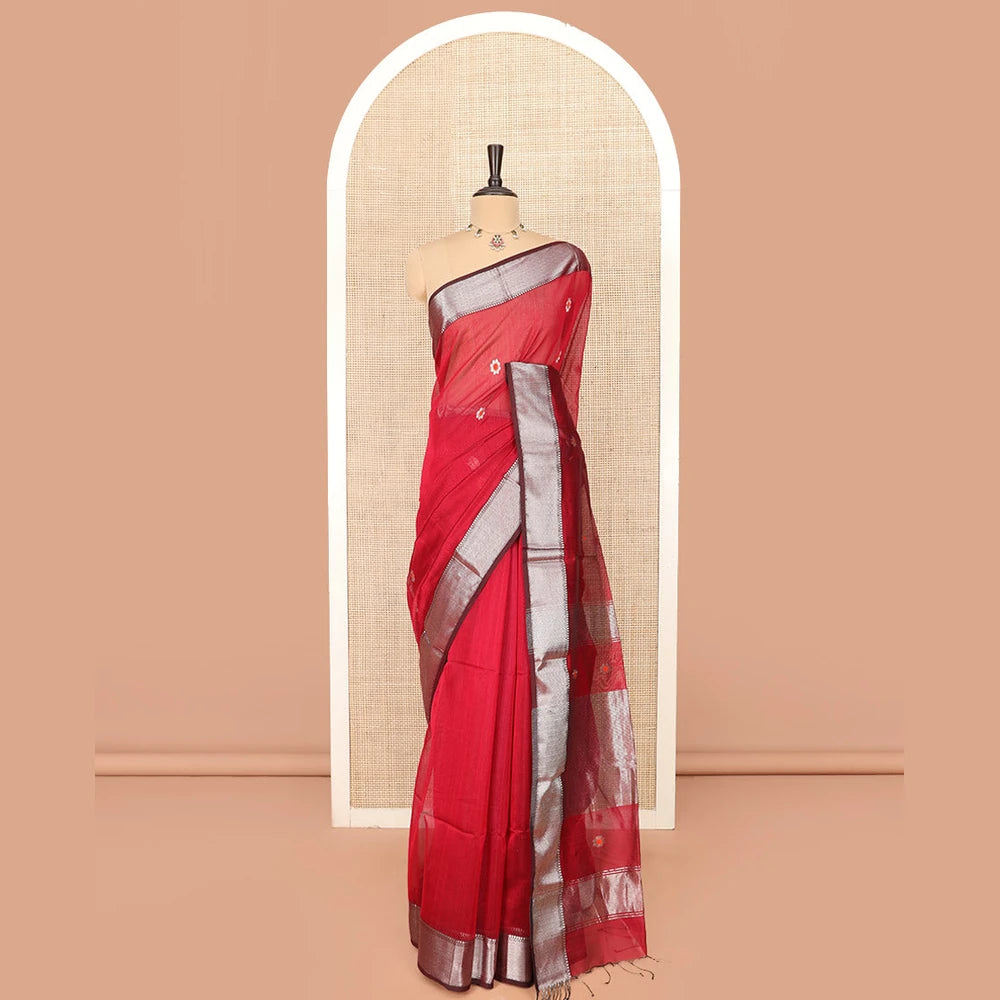Pothys Red Maheshwari Cotton Saree Bedecked with Floral Zari Buttas, Graced with Contrast Chevron Striped Zari Border, Pallu Elevated with Zari Stripes, and Paired with a Matching Blouse