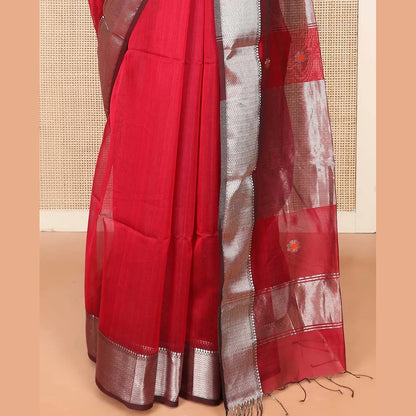 Pothys Red Maheshwari Cotton Saree Bedecked with Floral Zari Buttas, Graced with Contrast Chevron Striped Zari Border, Pallu Elevated with Zari Stripes, and Paired with a Matching Blouse