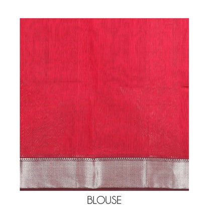 Pothys Red Maheshwari Cotton Saree Bedecked with Floral Zari Buttas, Graced with Contrast Chevron Striped Zari Border, Pallu Elevated with Zari Stripes, and Paired with a Matching Blouse