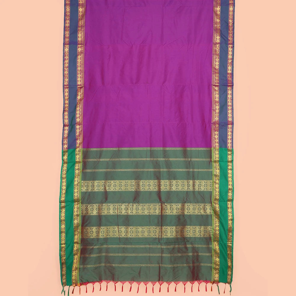 Pothys Purple Plain Ten-Yard Art Silk Saree Complemented by a Contrast Rettai Pettu Rudraksham Motifs Border, and Pallu Steeped with Rudraksham Motifs in Zari