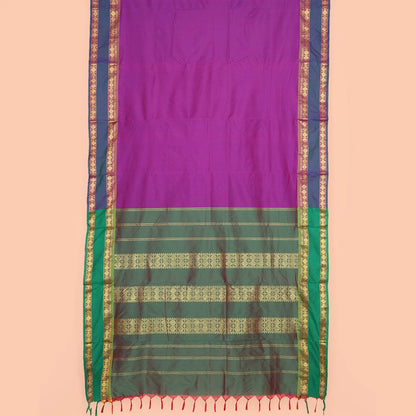 Pothys Purple Plain Ten-Yard Art Silk Saree Complemented by a Contrast Rettai Pettu Rudraksham Motifs Border, and Pallu Steeped with Rudraksham Motifs in Zari