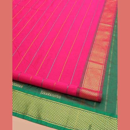 Pothys Rani Pink Ten-Yard Art Silk Saree Prettified with Neli Stripes, Complemented by a Contrast Traditional Ara Maadam Border, and Pallu Elevated with Zari Designs