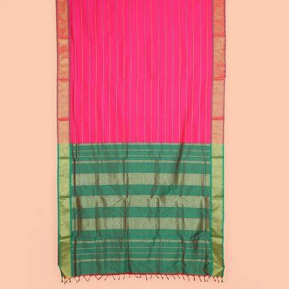 Pothys Rani Pink Ten-Yard Art Silk Saree Prettified with Neli Stripes, Complemented by a Contrast Traditional Ara Maadam Border, and Pallu Elevated with Zari Designs