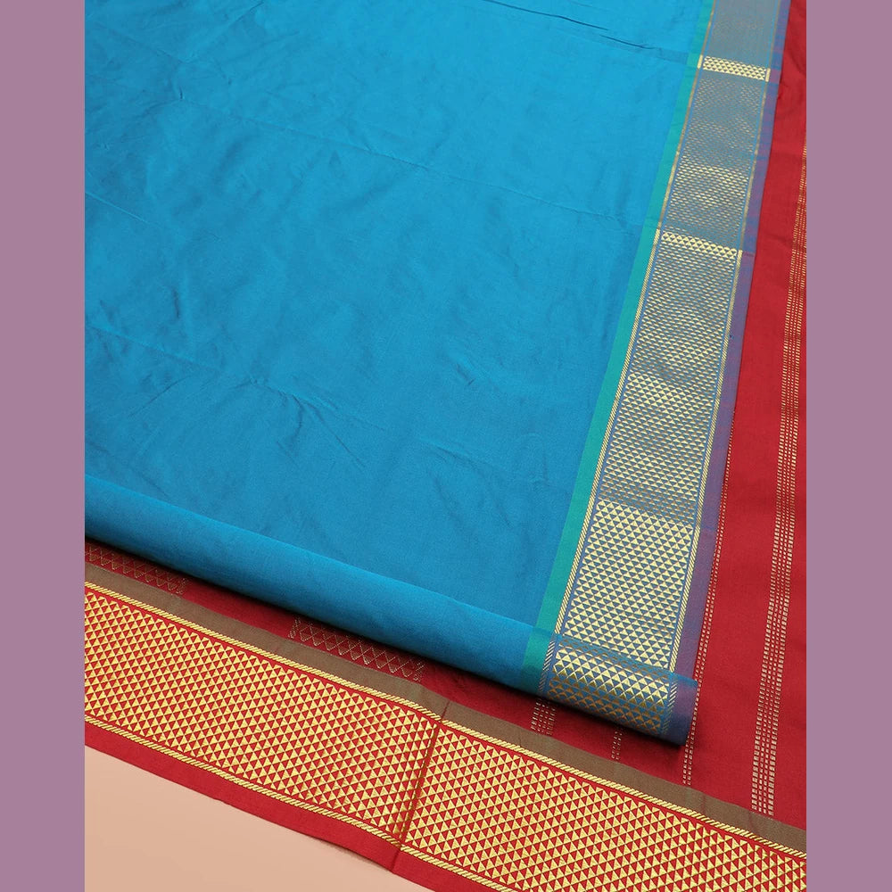 Pothys Blue Plain Ten-Yard Art Silk Saree, Complemented by a Contrast Traditional Ara Maadam Border, and Pallu Entralled with Zari Designs,