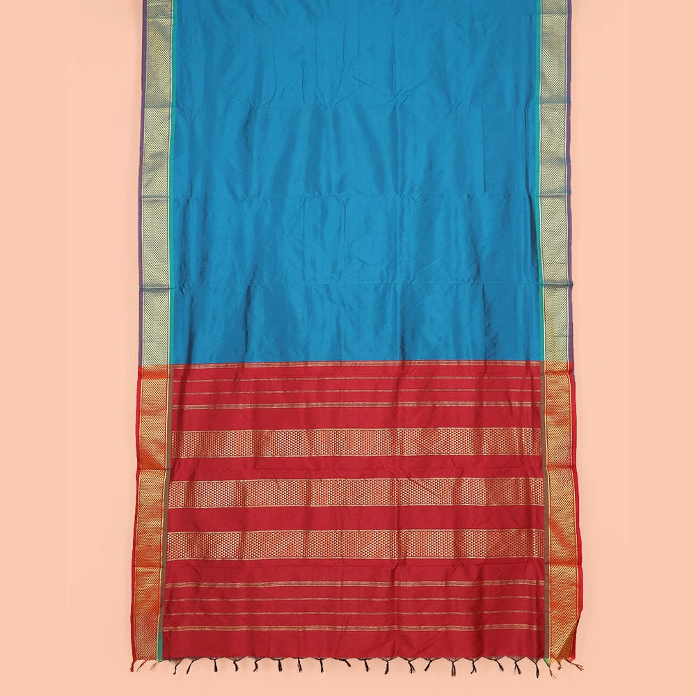 Pothys Blue Plain Ten-Yard Art Silk Saree, Complemented by a Contrast Traditional Ara Maadam Border, and Pallu Entralled with Zari Designs,