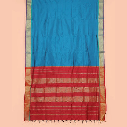 Pothys Blue Plain Ten-Yard Art Silk Saree, Complemented by a Contrast Traditional Ara Maadam Border, and Pallu Entralled with Zari Designs,