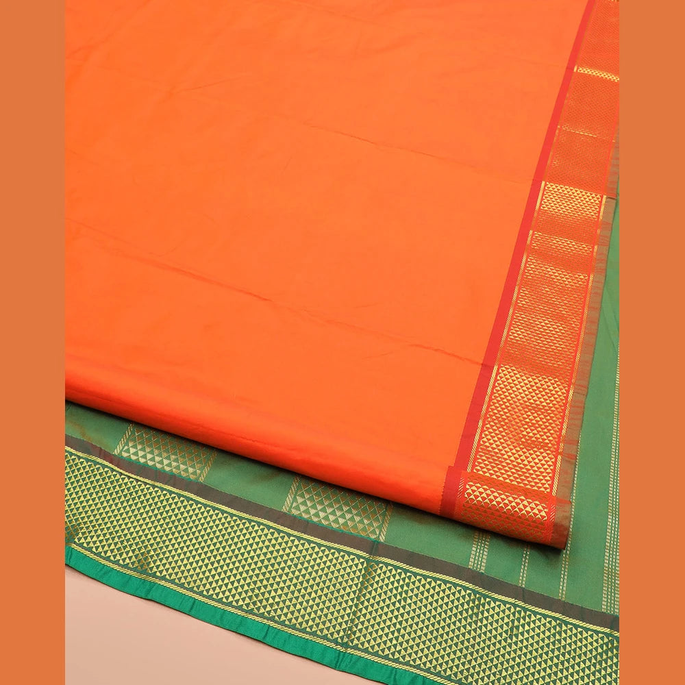 Pothys Orange Plain Ten-Yard Art Silk Saree, Complemented by a Contrast Traditional Ara Maadam Border, and Pallu Enriched with Zari Designs,