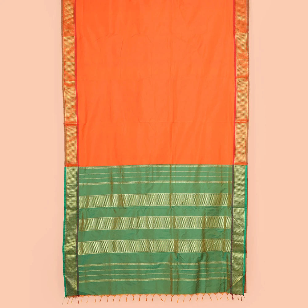 Pothys Orange Plain Ten-Yard Art Silk Saree, Complemented by a Contrast Traditional Ara Maadam Border, and Pallu Enriched with Zari Designs,