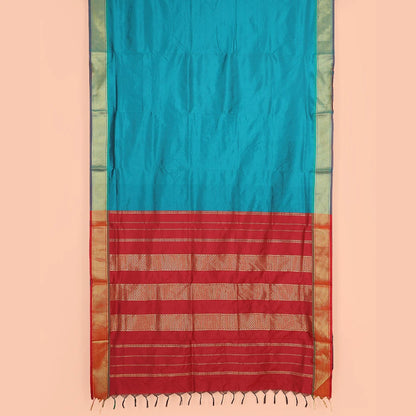 Pothys Blue Plain Ten-Yard Art Silk Saree, Complemented by a Contrast Traditional Ara Maadam Border, and Pallu Steeped with Zari Designs,