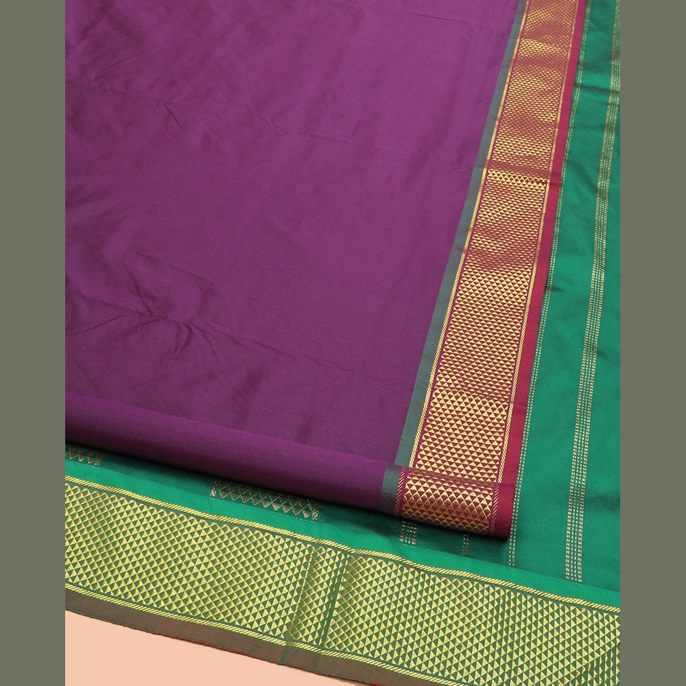 Pothys Purple Plain Ten-Yard Art Silk Saree, Complemented by a Contrast Traditional Ara Maadam Border, and Pallu Elevated with Traditional Ara Maadam and Zari Designs