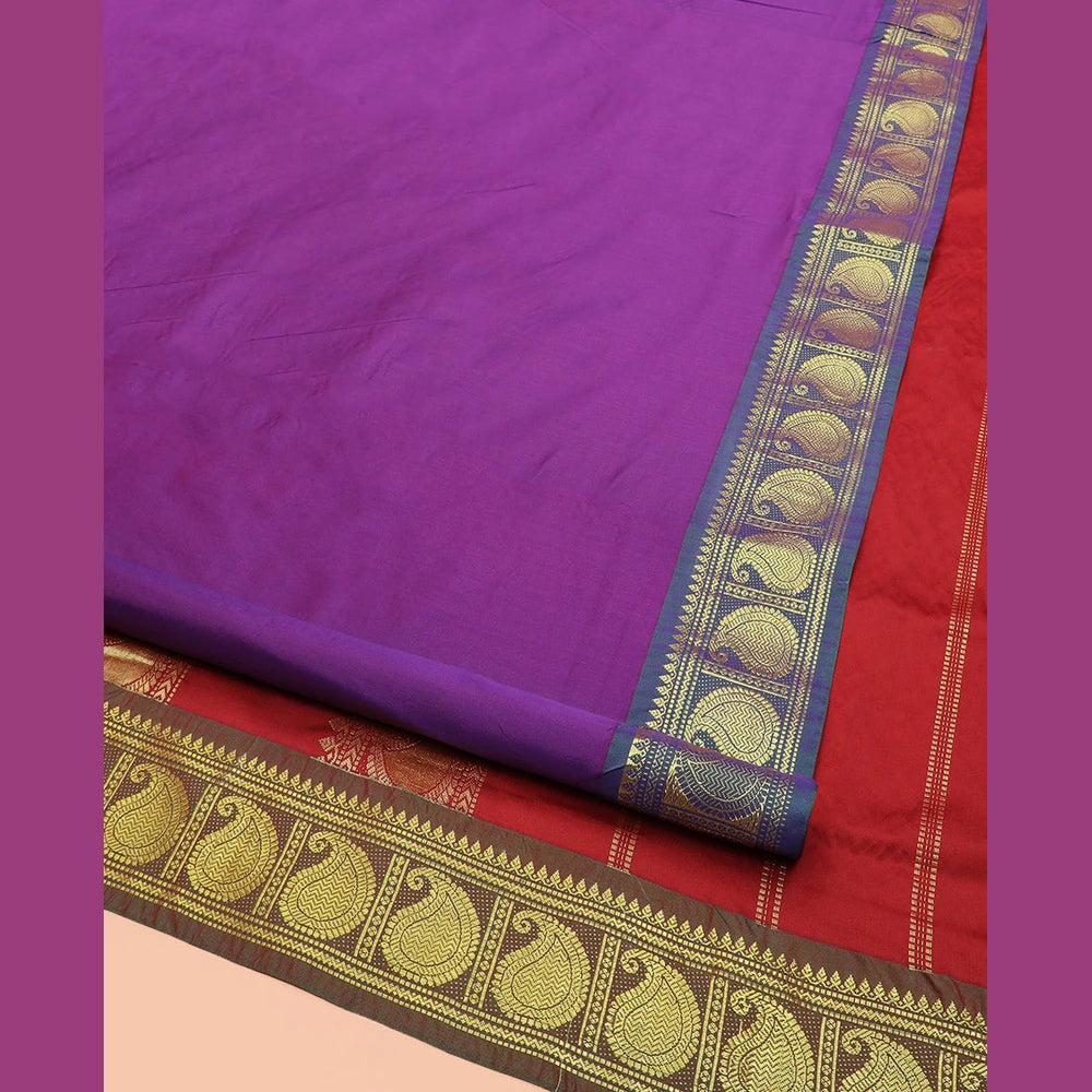 Pothys Purple Plain Ten-Yard Art Silk Saree, Complemented by a Contrast Traditional Zari Border of Paisley Designs, and Pallu Adorned with Traditional Zari Designs
