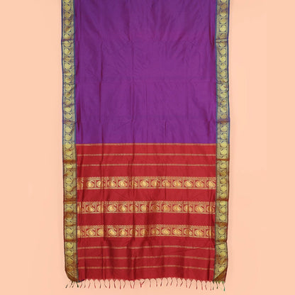 Pothys Purple Plain Ten-Yard Art Silk Saree, Complemented by a Contrast Traditional Zari Border of Paisley Designs, and Pallu Adorned with Traditional Zari Designs