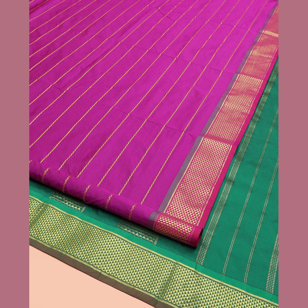 Pothys Rani Pink Ten-Yard Art Silk Saree Accentuated with Neli Stripes on Its Body, Complemented by a Contrast Traditional Ara Maadam Border, and Pallu Elevated with Traditional Ara Maadam Designs