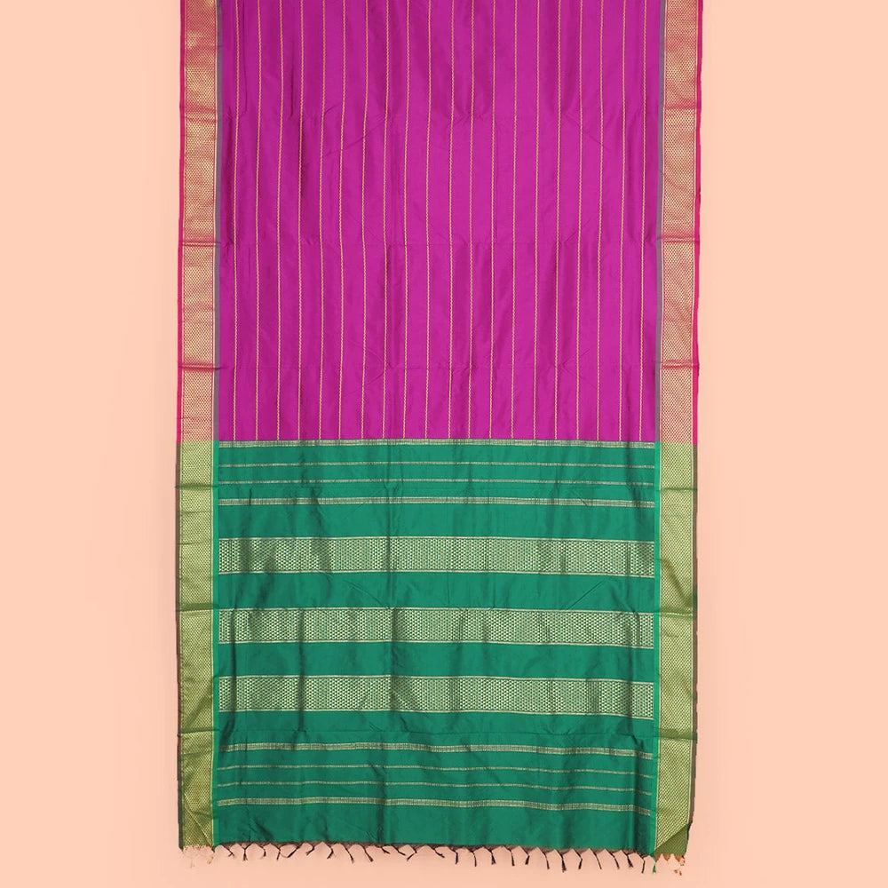 Pothys Rani Pink Ten-Yard Art Silk Saree Accentuated with Neli Stripes on Its Body, Complemented by a Contrast Traditional Ara Maadam Border, and Pallu Elevated with Traditional Ara Maadam Designs