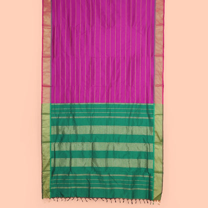 Pothys Rani Pink Ten-Yard Art Silk Saree Accentuated with Neli Stripes on Its Body, Complemented by a Contrast Traditional Ara Maadam Border, and Pallu Elevated with Traditional Ara Maadam Designs