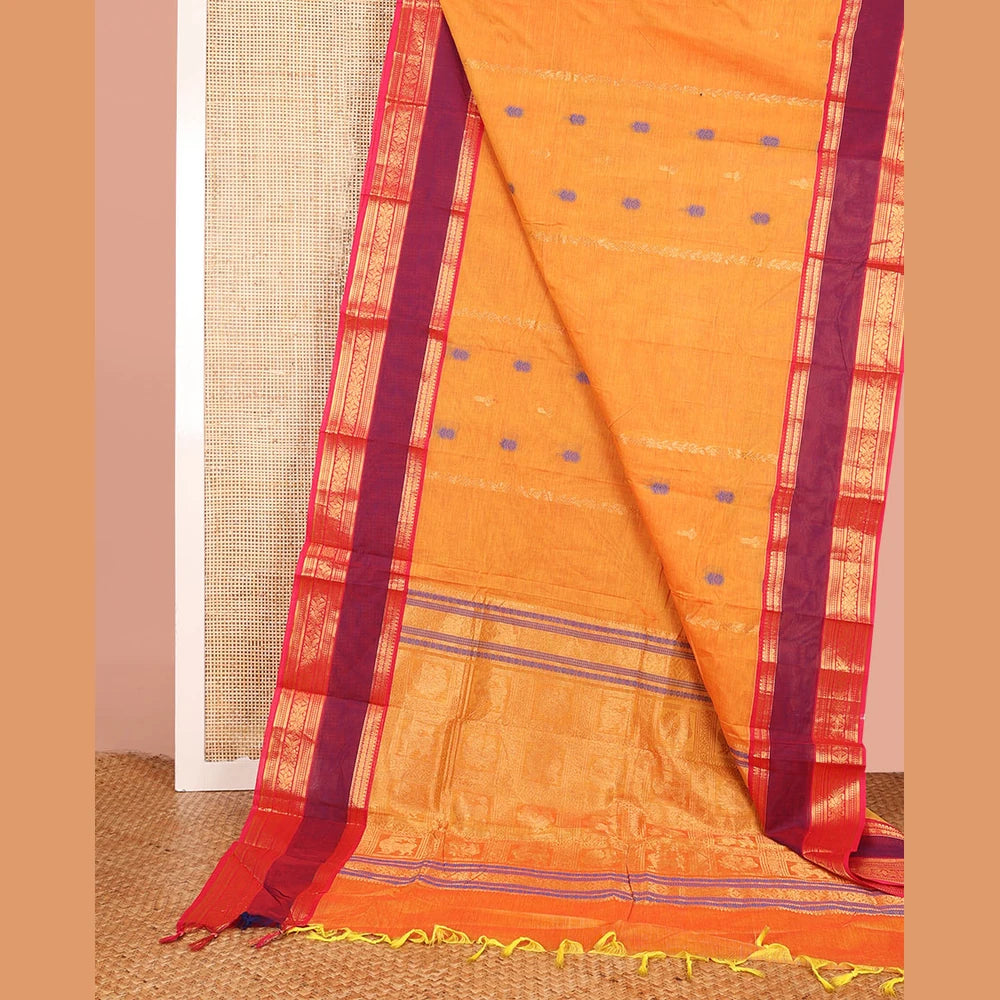 Pothys Orange Chettinad Cotton Saree with Peacock & Yaali Pallu
