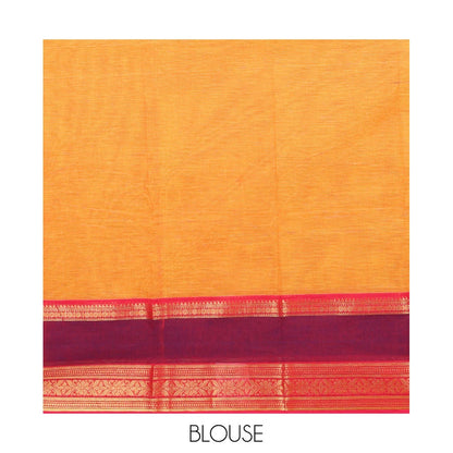 Pothys Orange Chettinad Cotton Saree with Peacock & Yaali Pallu