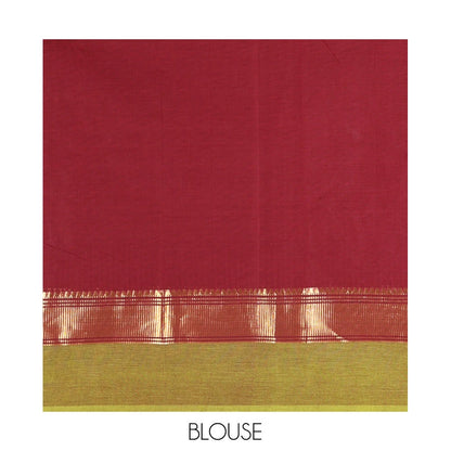 Pothys Maroon Plain Chettinad Cotton Saree, Complemented by Contrast Traditional Zari Temple Border, Subtly Striped Pallu, and Paired with a Matching Blouse