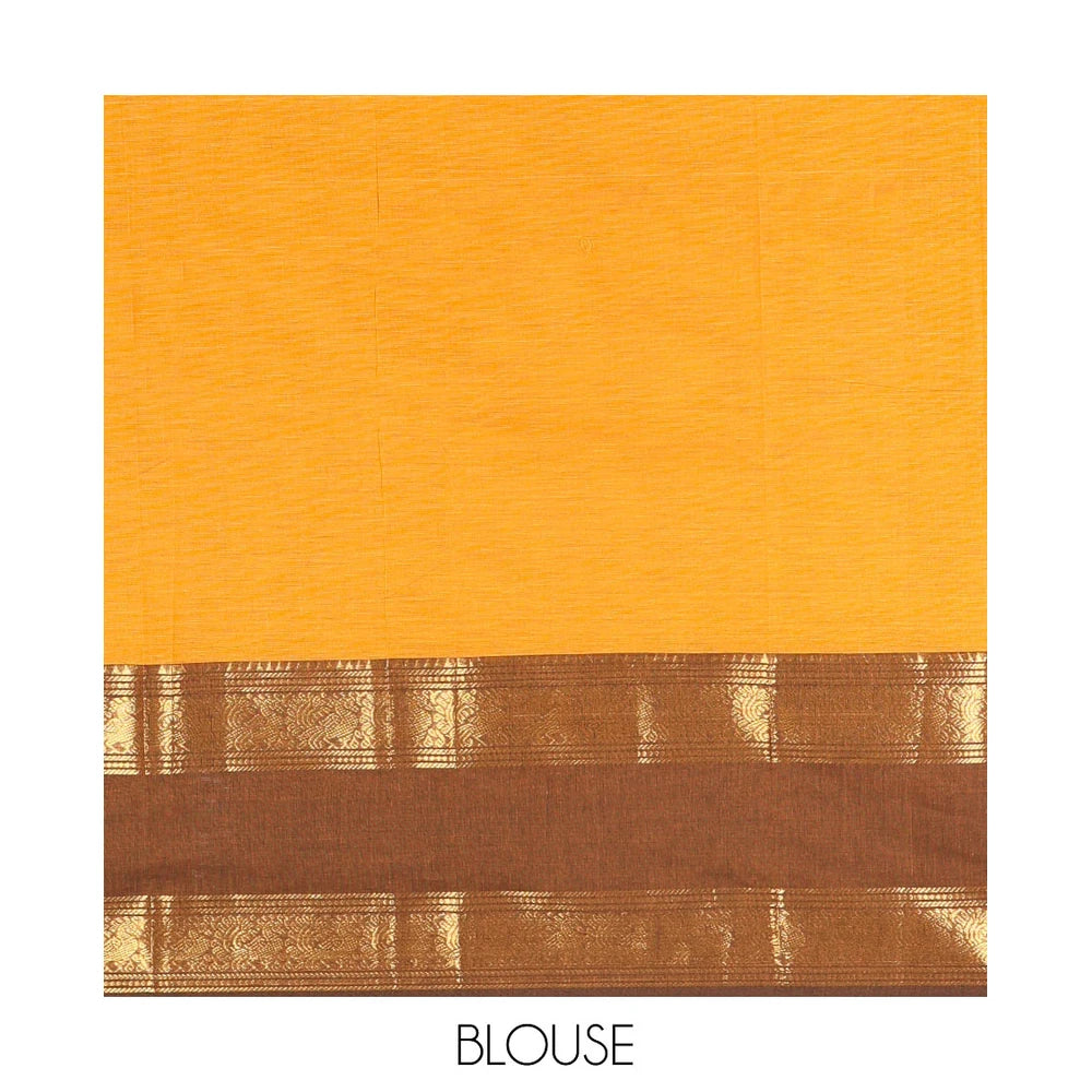 Pothys Mustard Plain Chettinad Cotton Saree, Complemented by Contrast Rettai Pettu Traditional Zari Temple Border of Peacocks, Subtly Striped Pallu, and Paired with a Matching Blouse