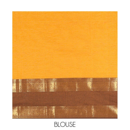 Pothys Mustard Plain Chettinad Cotton Saree, Complemented by Contrast Rettai Pettu Traditional Zari Temple Border of Peacocks, Subtly Striped Pallu, and Paired with a Matching Blouse