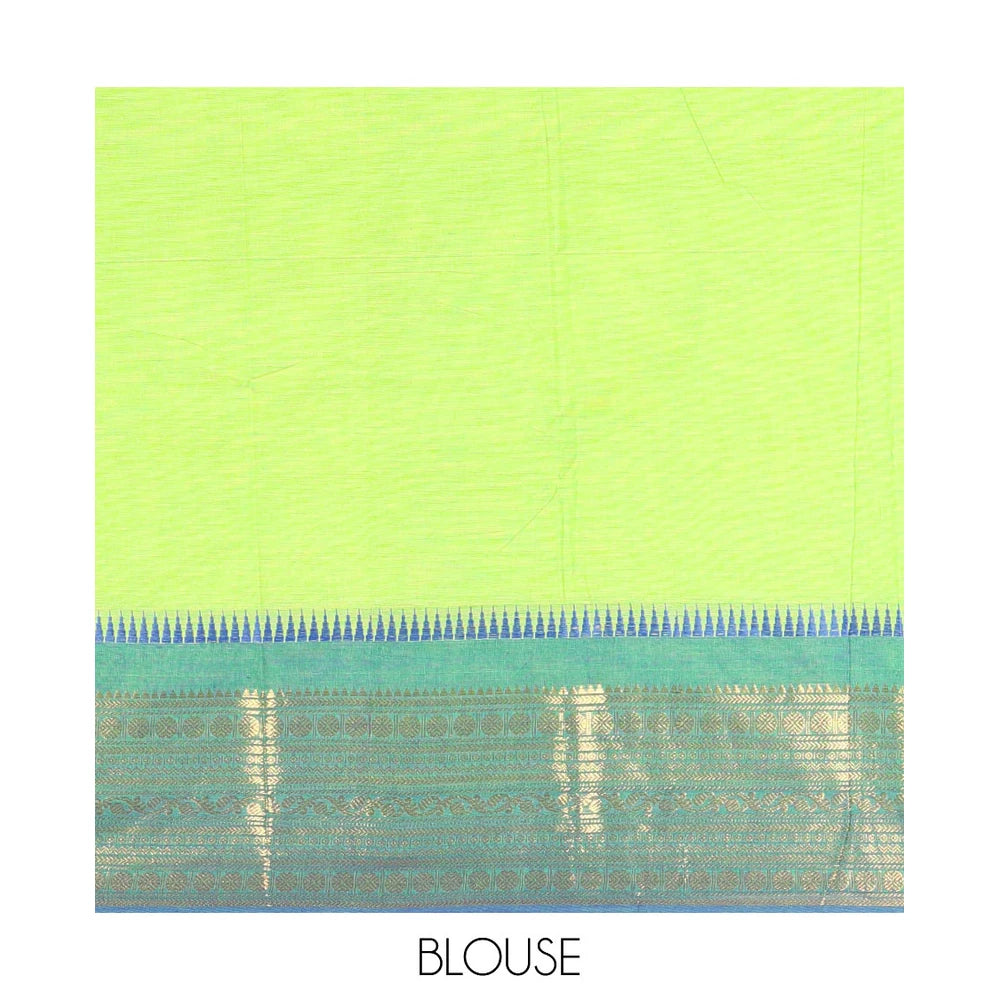 Pothys Parrot Green Plain Chettinad Cotton Saree, Complemented by Contrast Border Steeped with Traditional Zari Designs, Subtly Striped Pallu, and Paired with a Matching Blouse