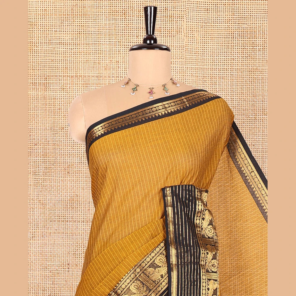 Pothys Mustard Chettinad Cotton Saree with Peacock Zari Border