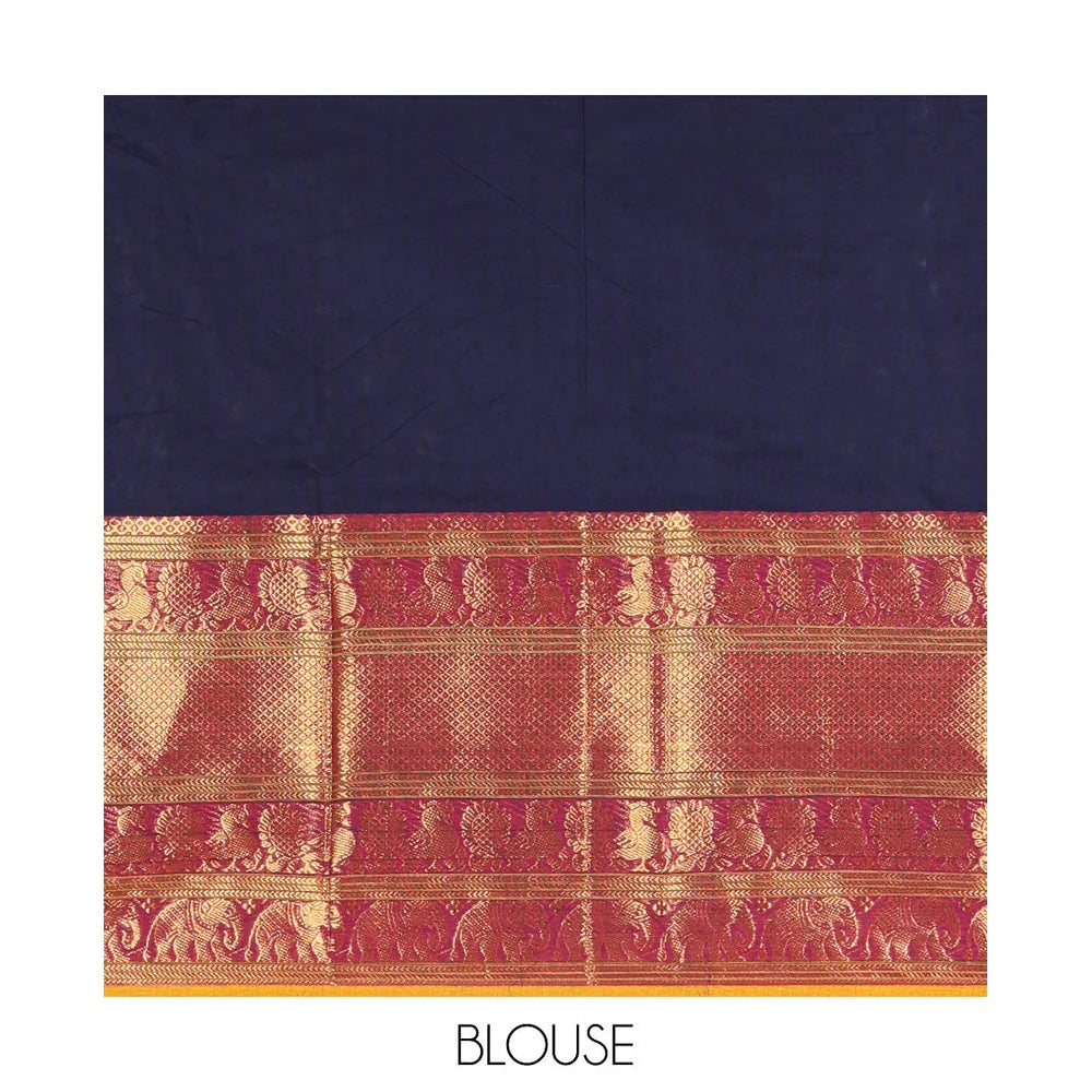 Pothys Navy Blue Blue Plain Chettinad Cotton Saree, Complemented by Contrast Traditional Zari Border of Peacock and Elephant Designs, Gleaming Pallu of Stripes, and Paired with a Matching Blouse