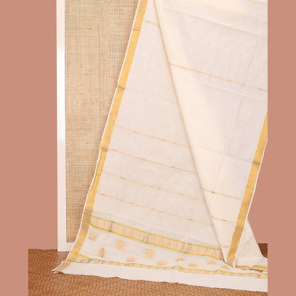 Pothys Cream Kerala Saree, Decked Up with Zari Stripes on Its Body, Subtly Sparkled Bavanji Border, Pallu Zari Woven with Temple and Paisley Designs, and Paired with a Matching Blouse