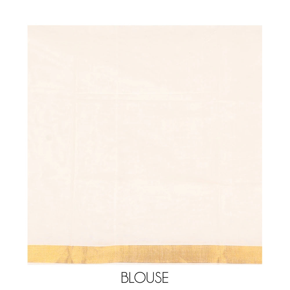 Pothys Cream Kerala Saree, Decked Up with Zari Stripes on Its Body, Subtly Sparkled Bavanji Border, Pallu Zari Woven with Temple and Paisley Designs, and Paired with a Matching Blouse