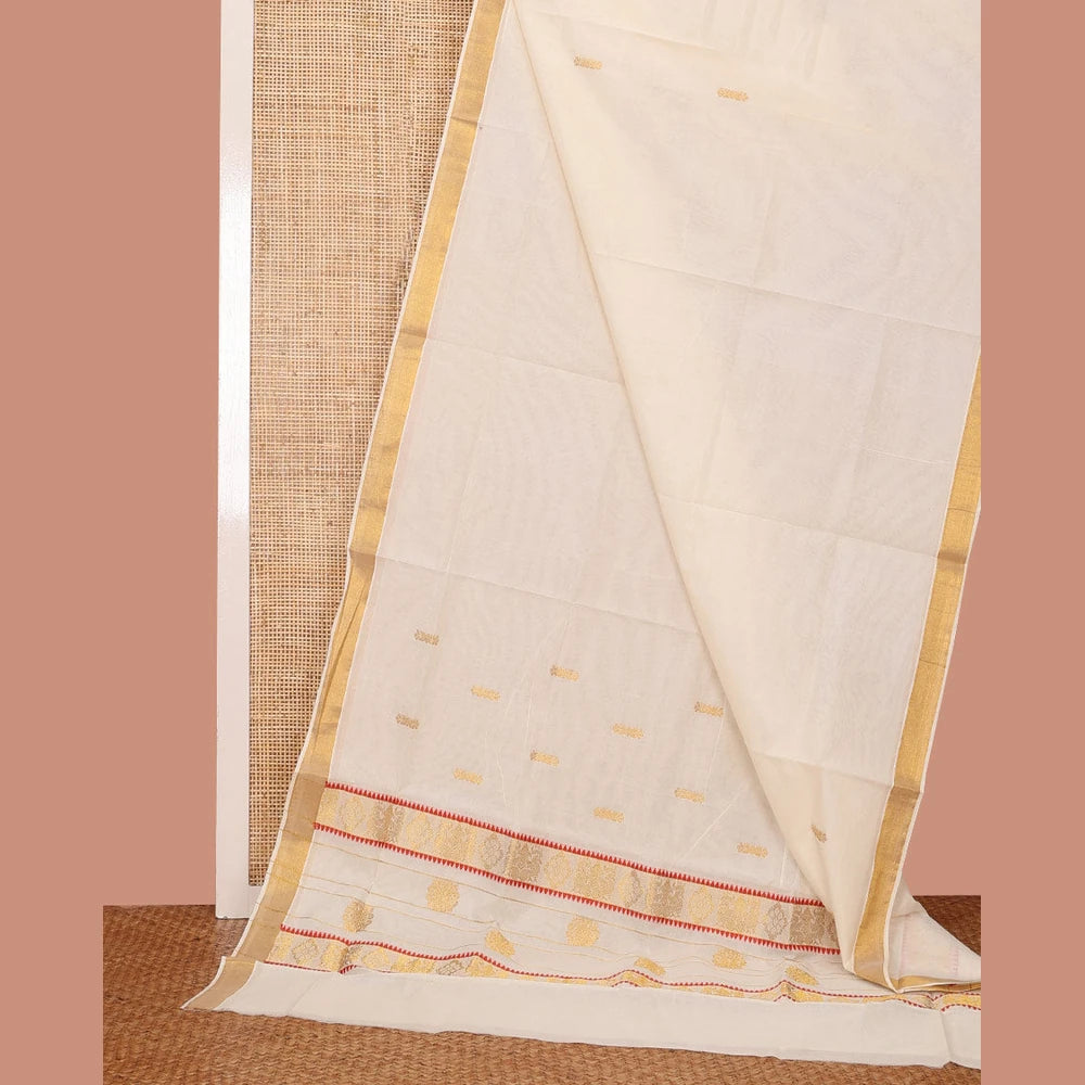 Pothys Cream Kerala Saree, Dazzled with Zari Buttas on Its Body, Bavanji Zari Border, Sparkling Pallu of Zari Designs, and Paired with a Matching Blouse