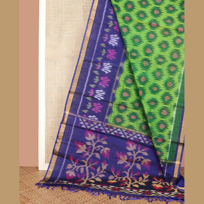 Pothys Green Ikkat Cotton Saree with Lotus Border & Floral Pallu