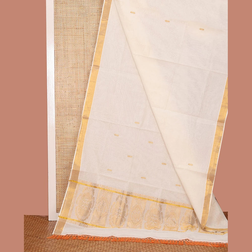 Pothys Cream Kerala Saree, Embellished with Zari Buttas on Its Body, Subtly Sparkled Bavanji Border, Gleaming Pallu of Intricate Designs, and Paired with a Matching Blouse