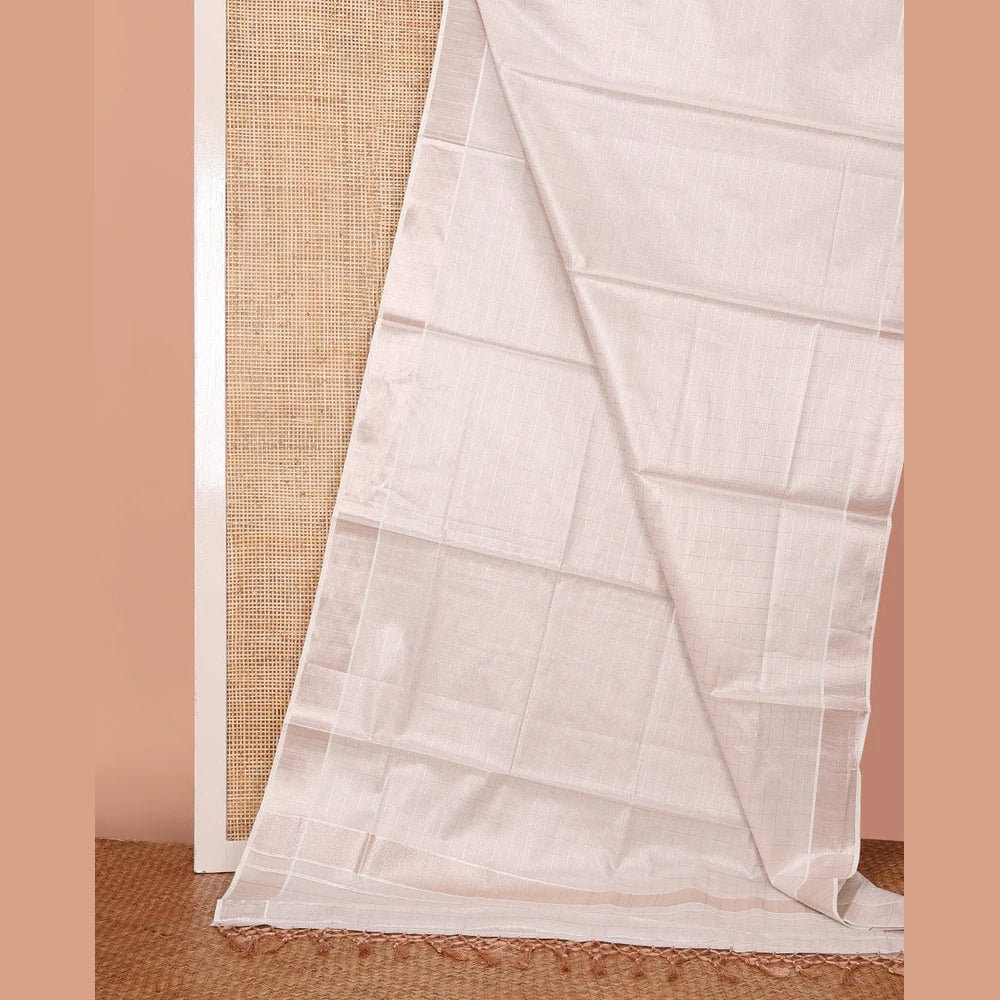 Pothys Off-White Kerala Cotton Saree Subtly Sparkled with Zari Checks All Over Its Body, Zari Bavanji Border, Gleaming Zari Striped Pallu, and Paired with a Matching Blouse