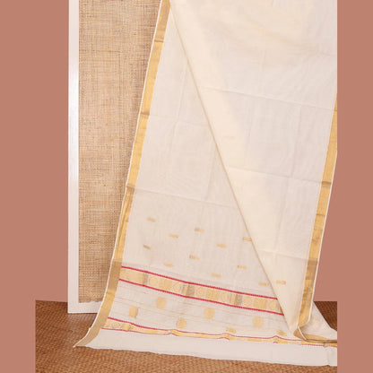 Pothys Cream Kerala Saree, Enthralled with Zari Buttas on Its Body, Bavanji Zari Border, Sparkling Pallu of Zari Designs, and Paired with a Matching Blouse