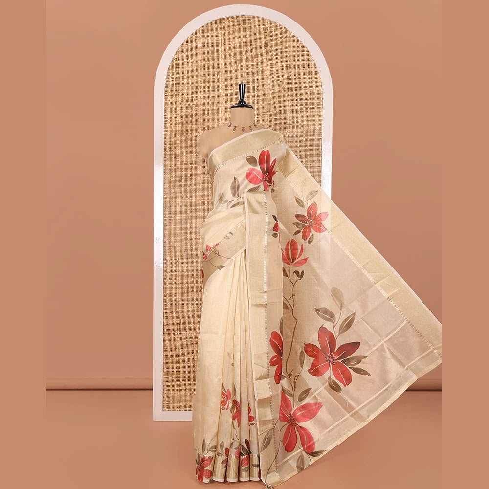 Pothys Gold Tissue Saree, Vibrantly Printed with Floral Designs All Over Its Body, Subtle Zari Border, Pallu of the Same Floral Print, and Paired with a Matching Printed Blouse
