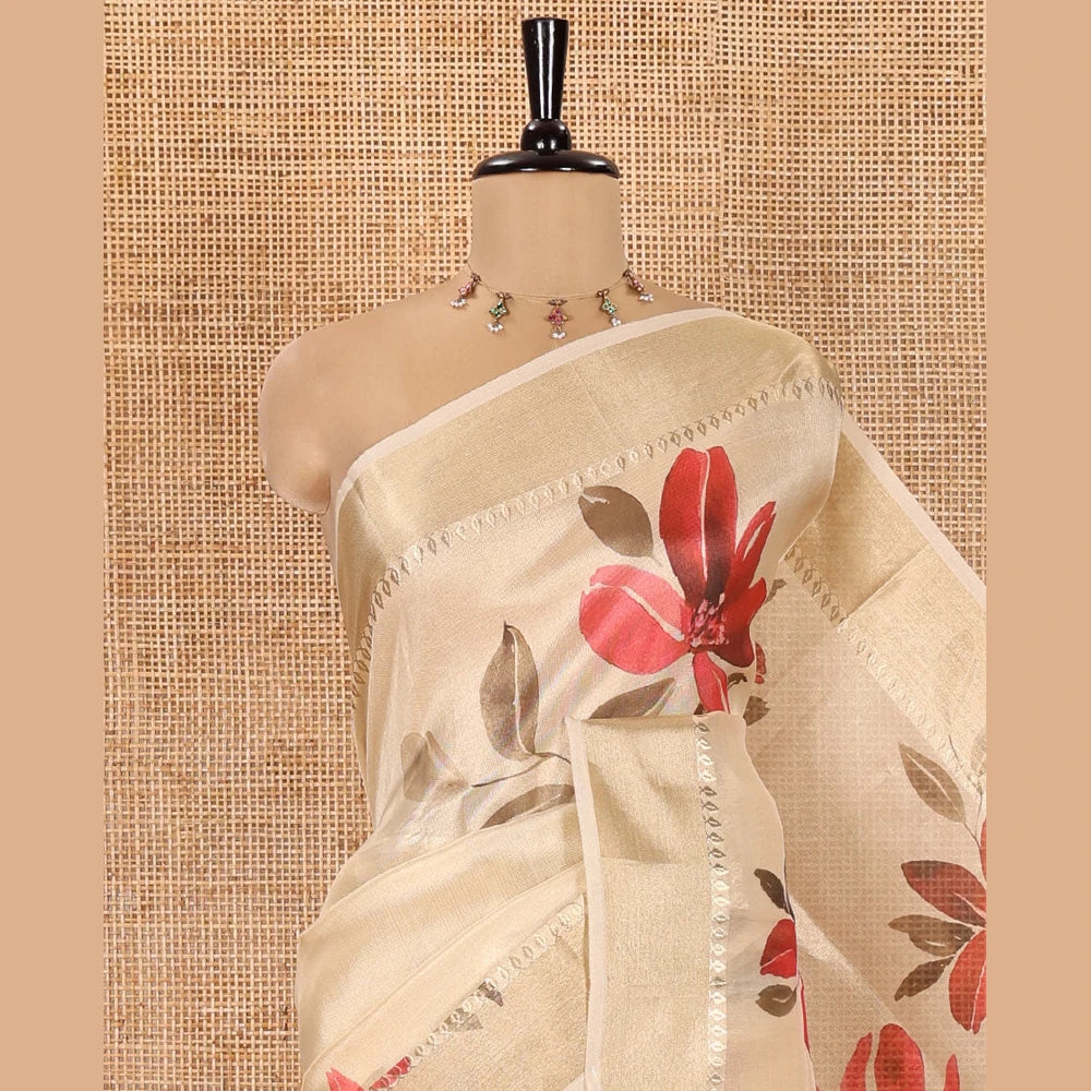 Pothys Gold Tissue Saree, Vibrantly Printed with Floral Designs All Over Its Body, Subtle Zari Border, Pallu of the Same Floral Print, and Paired with a Matching Printed Blouse