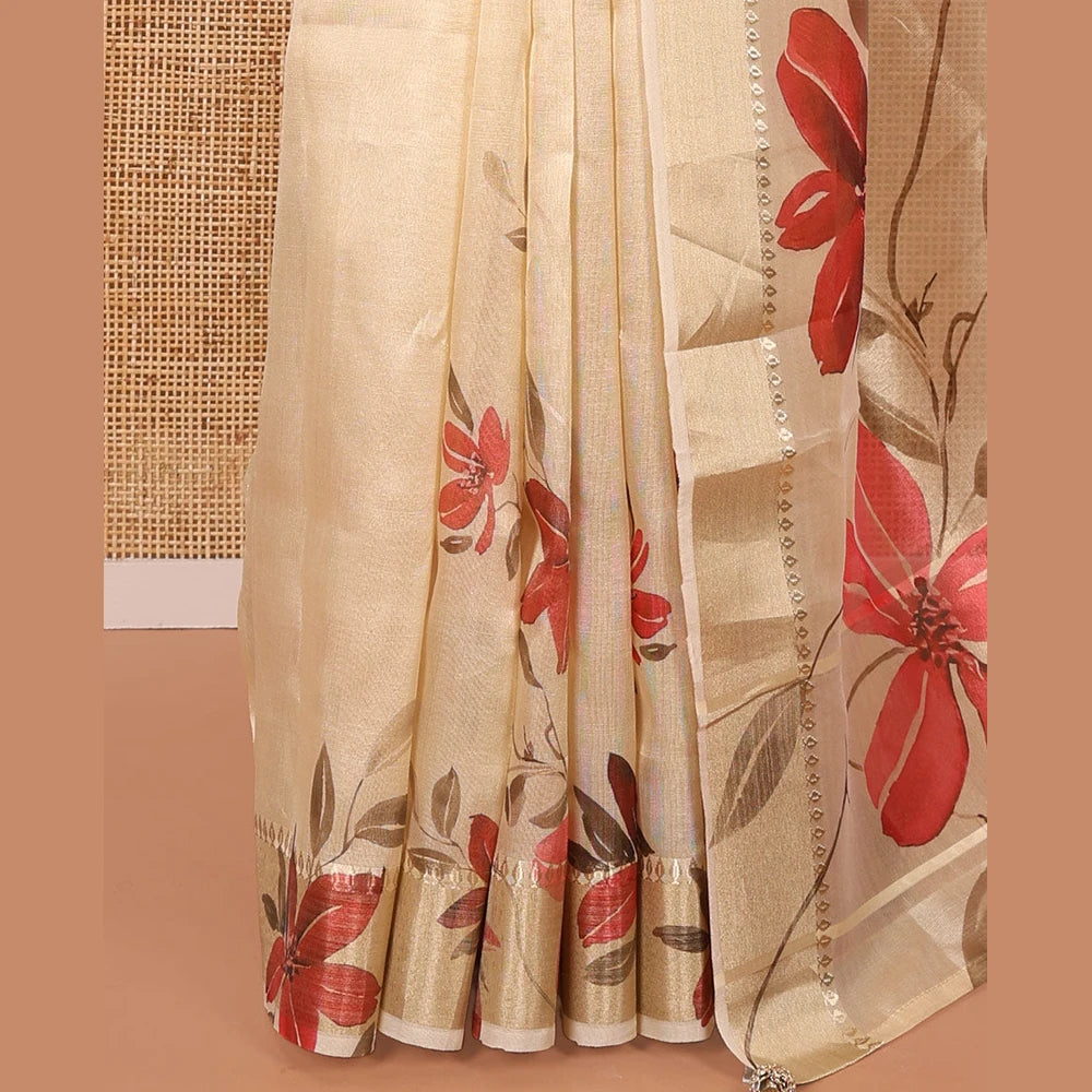Pothys Gold Tissue Saree, Vibrantly Printed with Floral Designs All Over Its Body, Subtle Zari Border, Pallu of the Same Floral Print, and Paired with a Matching Printed Blouse