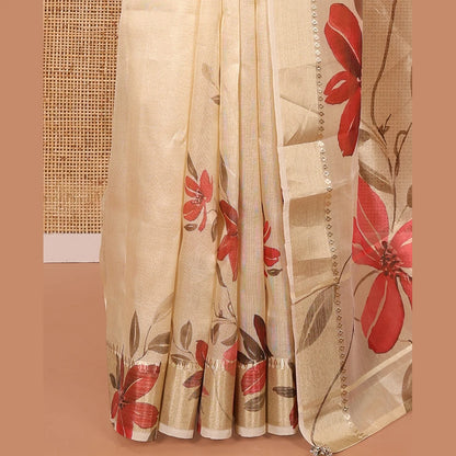 Pothys Gold Tissue Saree, Vibrantly Printed with Floral Designs All Over Its Body, Subtle Zari Border, Pallu of the Same Floral Print, and Paired with a Matching Printed Blouse