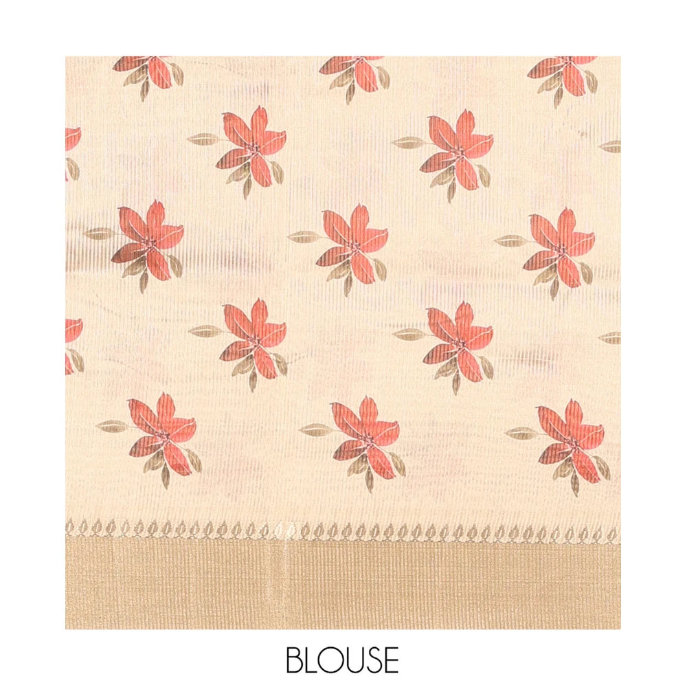 Pothys Gold Tissue Saree, Vibrantly Printed with Floral Designs All Over Its Body, Subtle Zari Border, Pallu of the Same Floral Print, and Paired with a Matching Printed Blouse