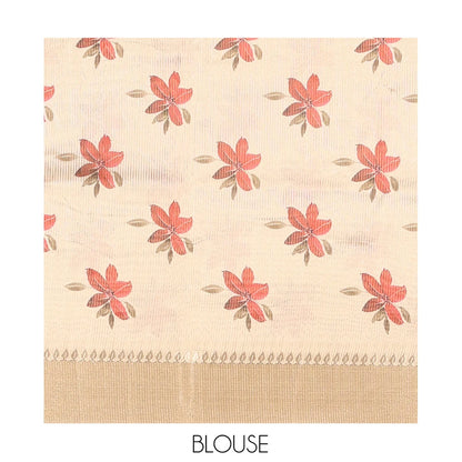 Pothys Gold Tissue Saree, Vibrantly Printed with Floral Designs All Over Its Body, Subtle Zari Border, Pallu of the Same Floral Print, and Paired with a Matching Printed Blouse