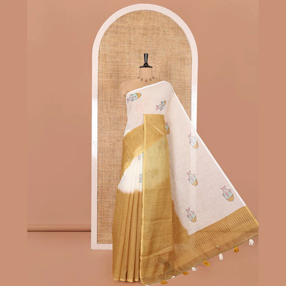 Pothys Borderless Cream and Mustard Linen Cotton Saree, Bedecked with Half-and-Half Style Fish Motifs Printed All Over Its Body, Pallu Mirrors the Same Print, and Is Paired with a Contrast Blouse