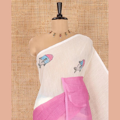 Pothys Borderless Cream and Pink Linen Cotton Saree, Bedecked with Half-and-Half Style Fish Motifs Printed All Over Its Body, Pallu Mirrors the Same Print, and Is Paired with a Contrast Blouse